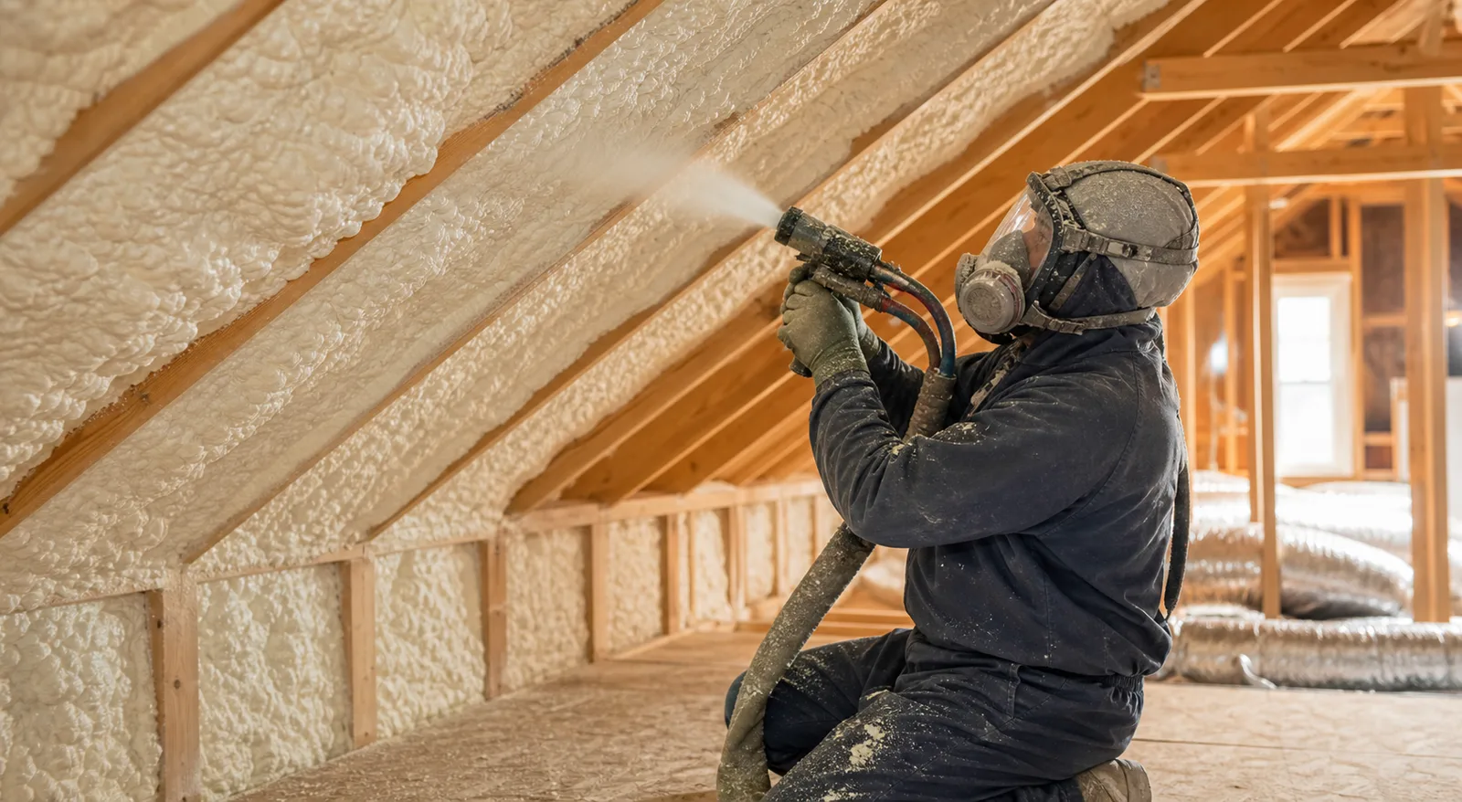 Professional spray foam insulation installation in a clean attic space
